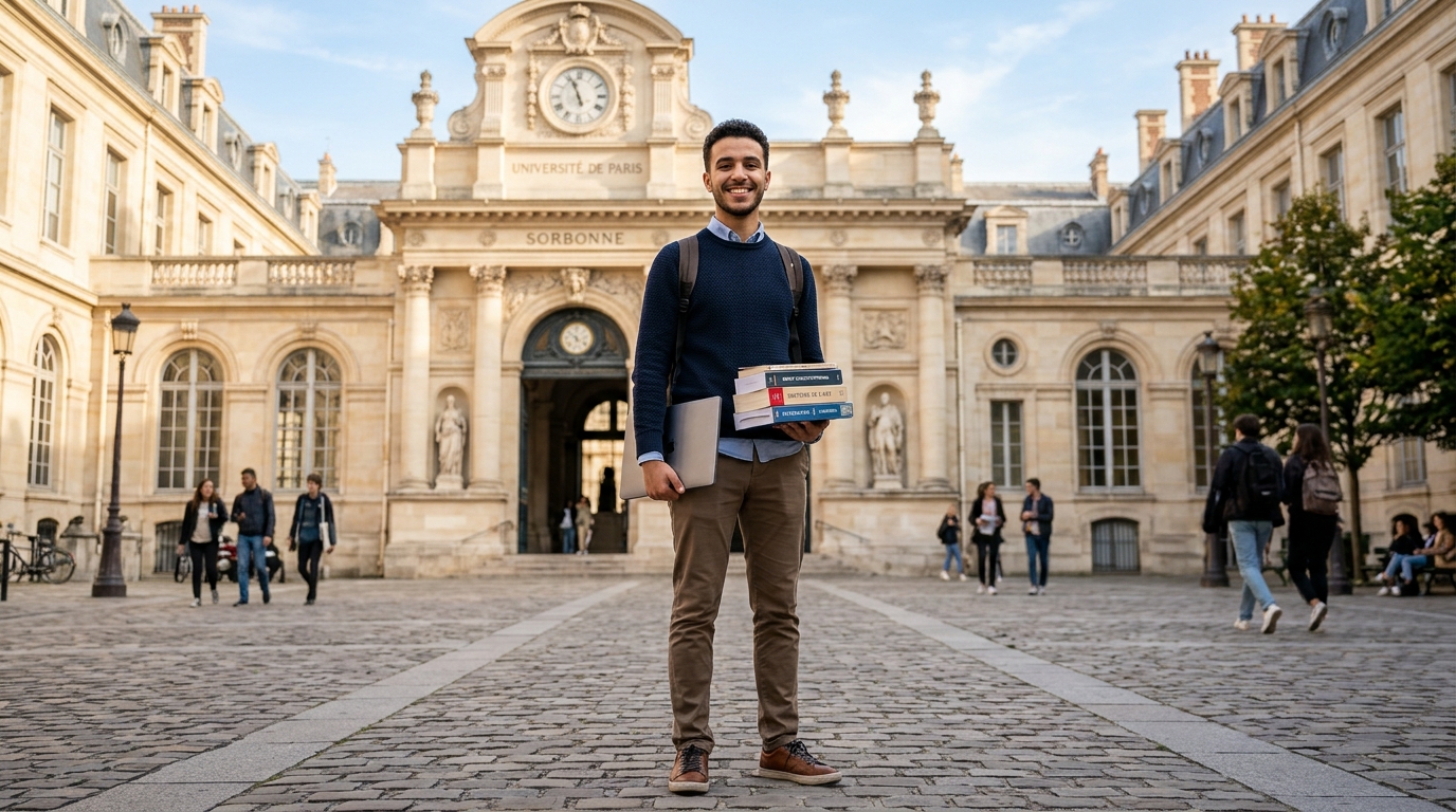 Étudiant marocain souriant devant la Sorbonne à Paris