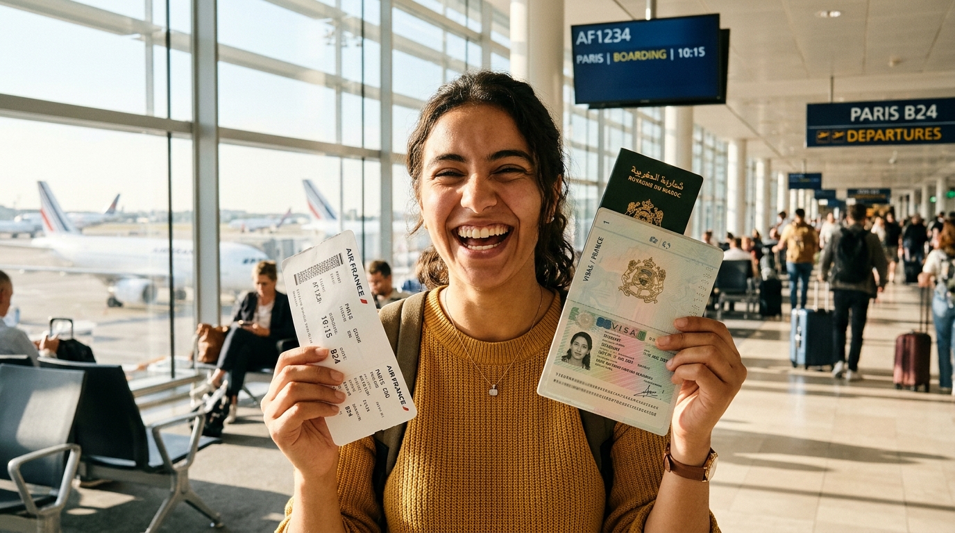 Étudiante marocaine heureuse avec son visa d'études et sa carte d'embarquement